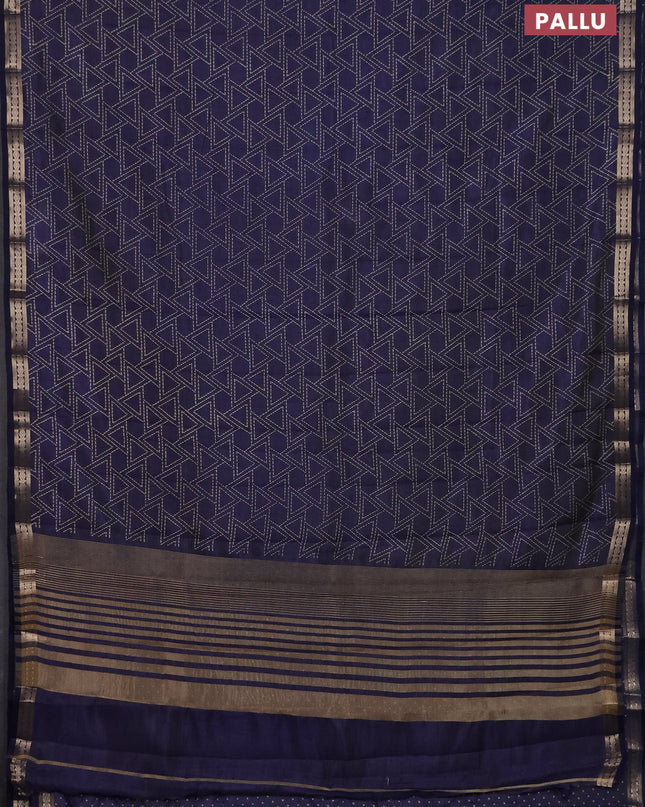 Semi raw silk saree navy blue with allover geometric prints and zari woven border