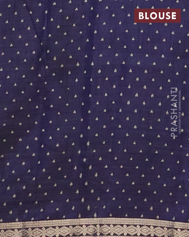 Semi raw silk saree navy blue with allover geometric prints and zari woven border