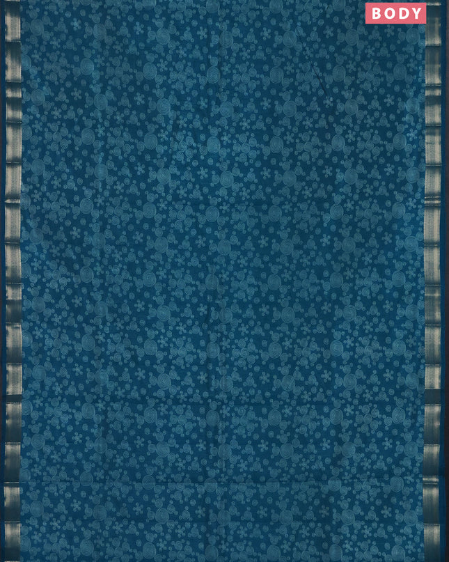 Semi raw silk saree cs blue with allover geometric prints and zari woven border