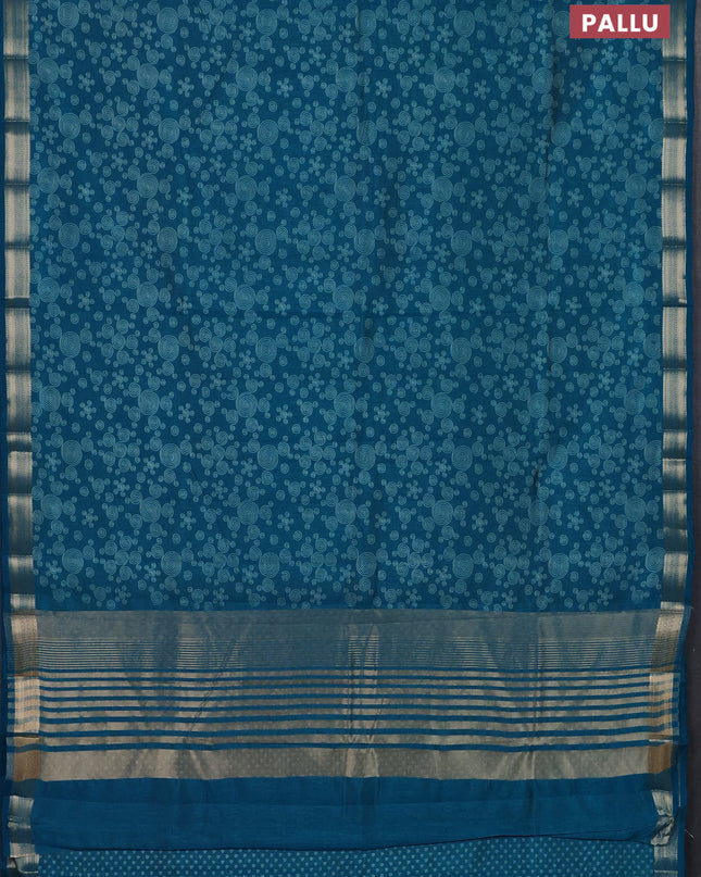Semi raw silk saree cs blue with allover geometric prints and zari woven border