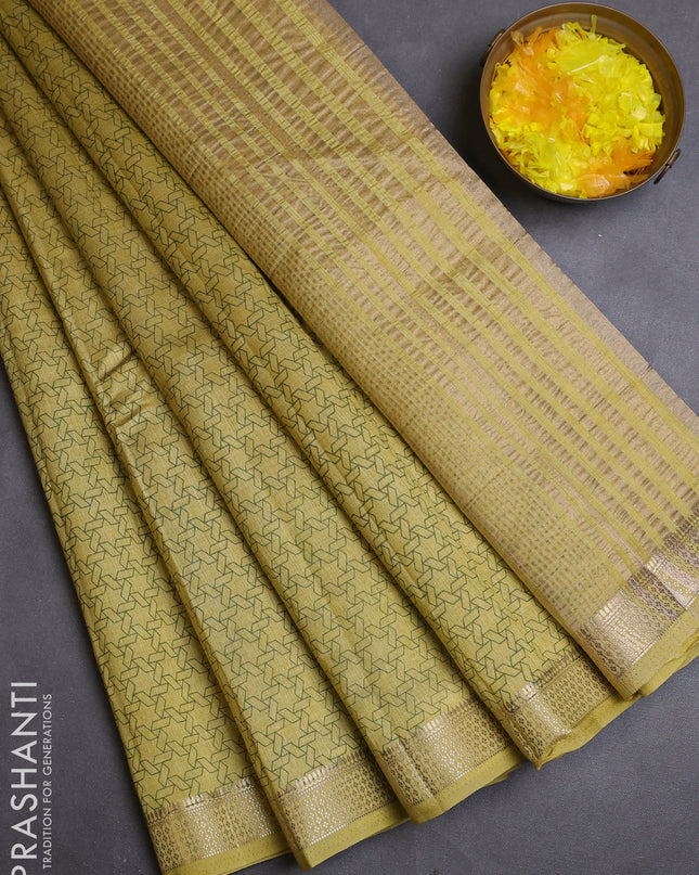 Semi raw silk saree lime yellow with allover geometric prints and zari woven border