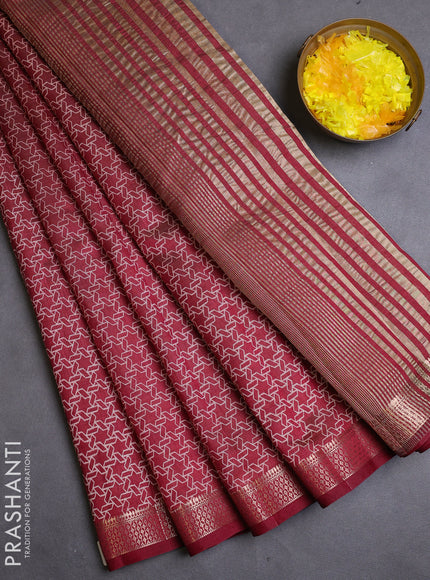 Semi raw silk saree maroon with allover geometric prints and zari woven border
