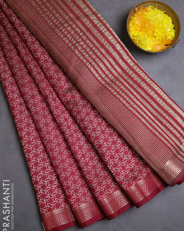 Semi raw silk saree maroon with allover geometric prints and zari woven border