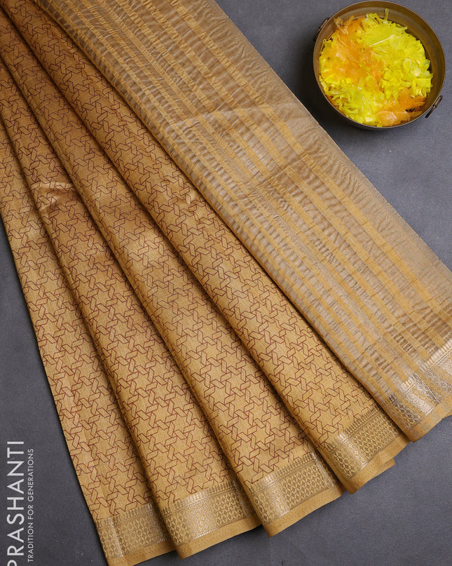 Semi raw silk saree sandal with allover geometric prints and zari woven border