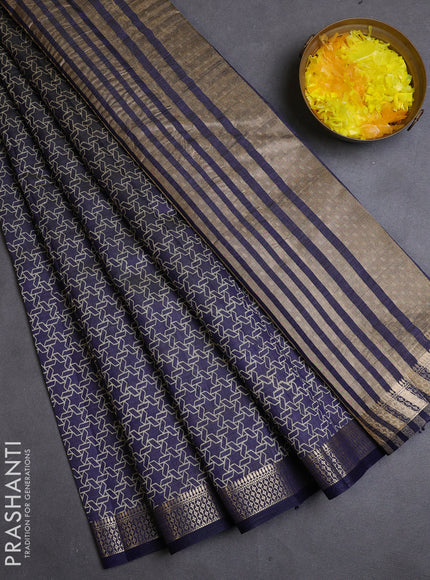 Semi raw silk saree navy blue with allover geometric prints and zari woven border