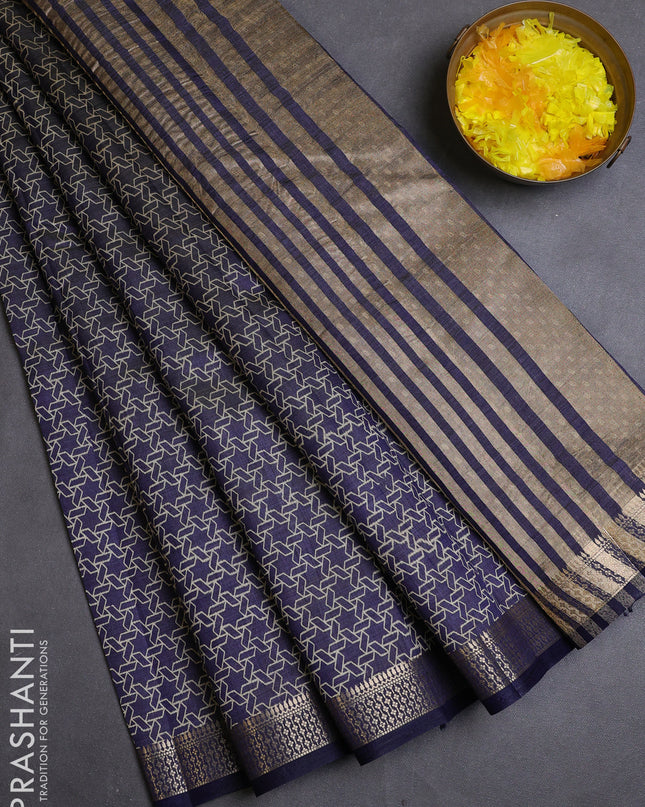 Semi raw silk saree navy blue with allover geometric prints and zari woven border