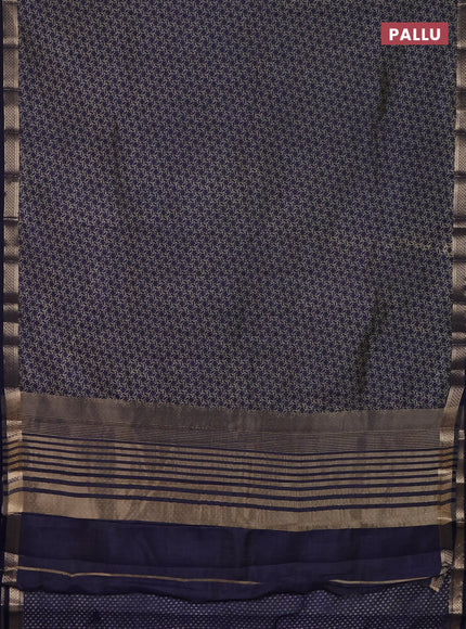 Semi raw silk saree navy blue with allover geometric prints and zari woven border