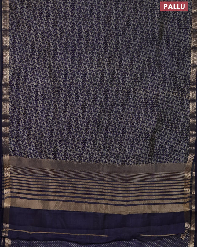 Semi raw silk saree navy blue with allover geometric prints and zari woven border