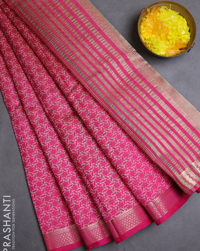 Semi raw silk saree pink with allover geometric prints and zari woven border