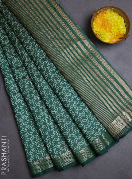 Semi raw silk saree dark green with allover geometric prints and zari woven border