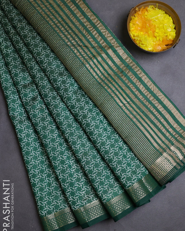 Semi raw silk saree dark green with allover geometric prints and zari woven border