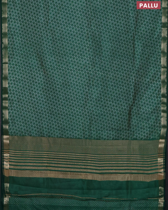 Semi raw silk saree dark green with allover geometric prints and zari woven border