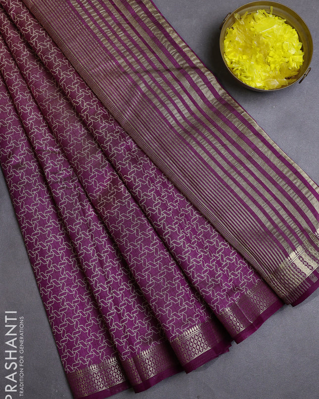 Semi raw silk saree purple with allover geometric prints and zari woven border