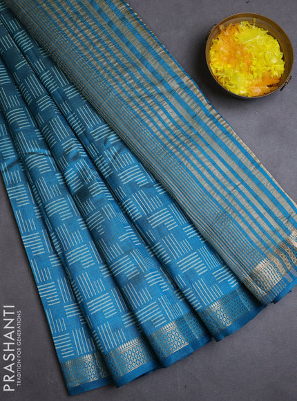 Semi raw silk saree cs blue with allover geometric prints and zari woven border