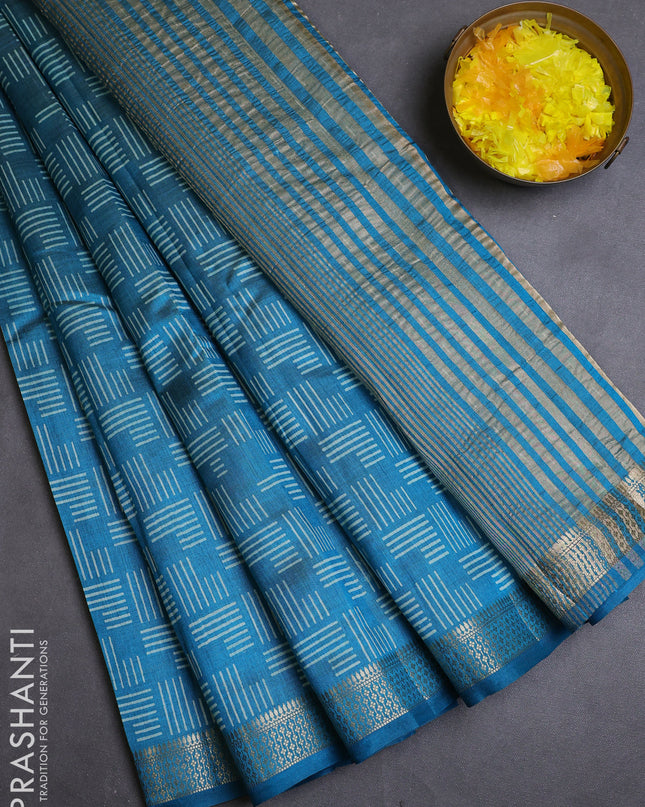 Semi raw silk saree cs blue with allover geometric prints and zari woven border