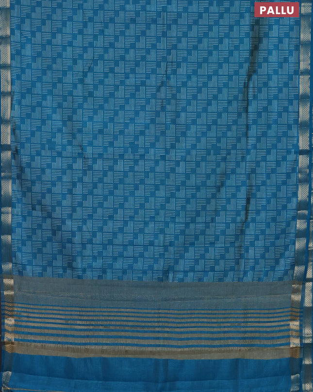 Semi raw silk saree cs blue with allover geometric prints and zari woven border