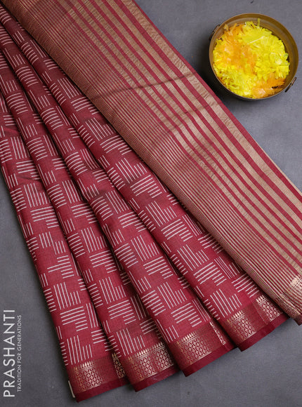 Semi raw silk saree maroon with allover geometric prints and zari woven border