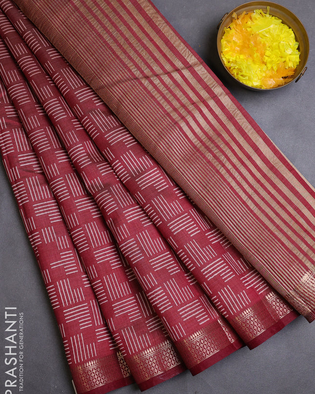 Semi raw silk saree maroon with allover geometric prints and zari woven border