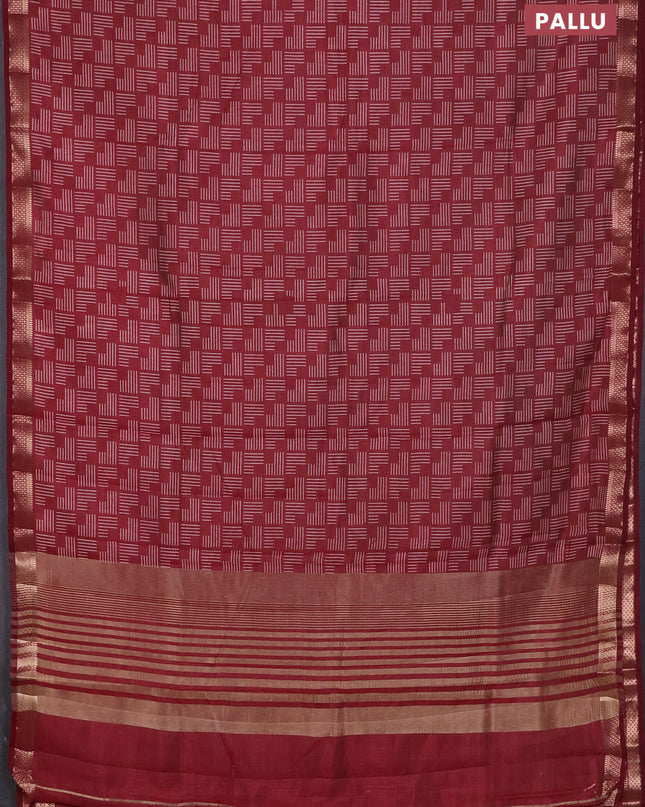 Semi raw silk saree maroon with allover geometric prints and zari woven border
