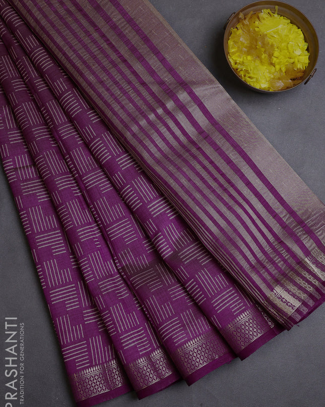 Semi raw silk saree purple with allover geometric prints and zari woven border
