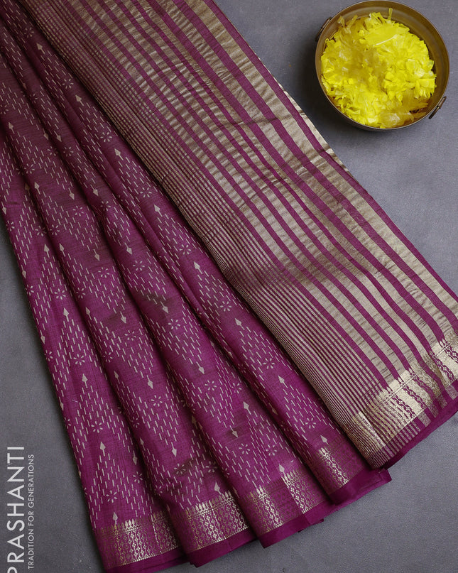 Semi raw silk saree purple with allover zig zag prints and zari woven border