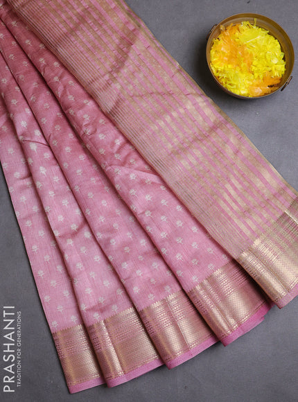 Semi raw silk saree pastel pink with allover butta prints and zari woven border