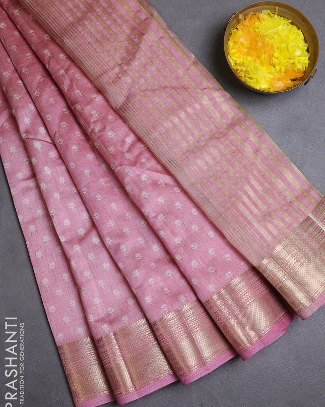Semi raw silk saree pastel pink with allover butta prints and zari woven border