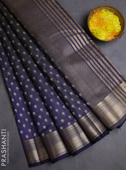 Semi raw silk saree navy blue with allover butta prints and zari woven border