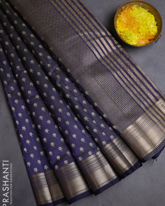 Semi raw silk saree navy blue with allover butta prints and zari woven border
