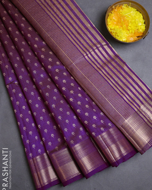 Semi raw silk saree purple with allover butta prints and zari woven border