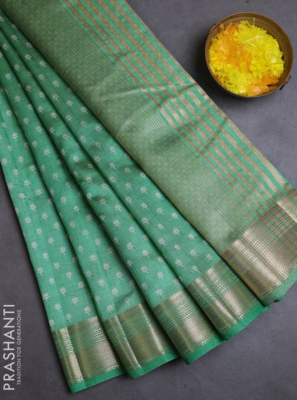 Semi raw silk saree teal green with allover butta prints and zari woven border