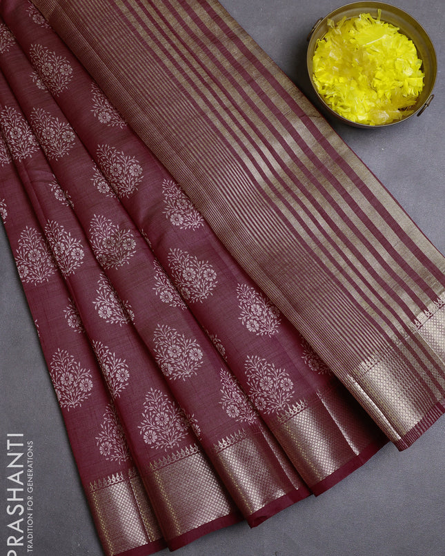 Semi raw silk saree maroon with allover butta prints and zari woven border