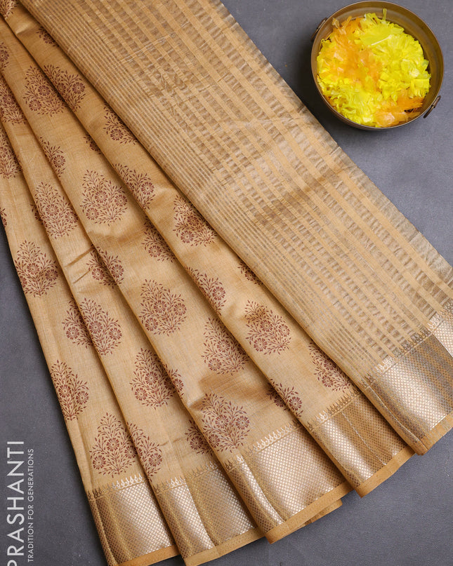 Semi raw silk saree sandal with allover butta prints and zari woven border
