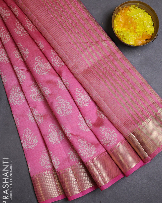 Semi raw silk saree light pink with allover butta prints and zari woven border