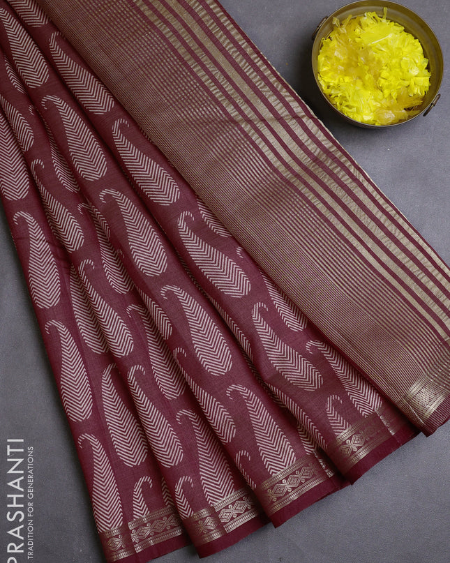 Semi raw silk saree maroon with allover paisley butta prints and zari woven border