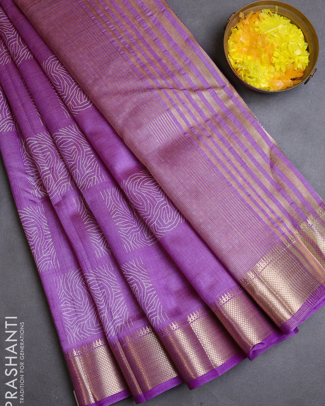 Semi raw silk saree lavender with box type butta prints and zari woven border