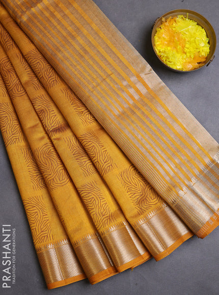 Semi raw silk saree mustard yellow with box type butta prints and zari woven border