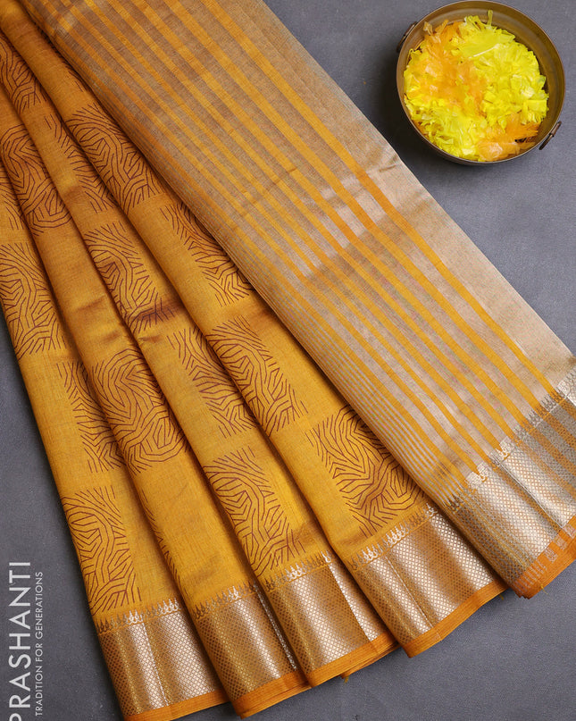 Semi raw silk saree mustard yellow with box type butta prints and zari woven border
