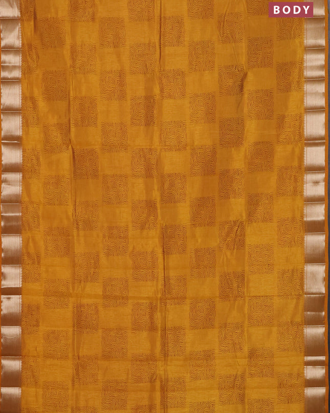 Semi raw silk saree mustard yellow with box type butta prints and zari woven border