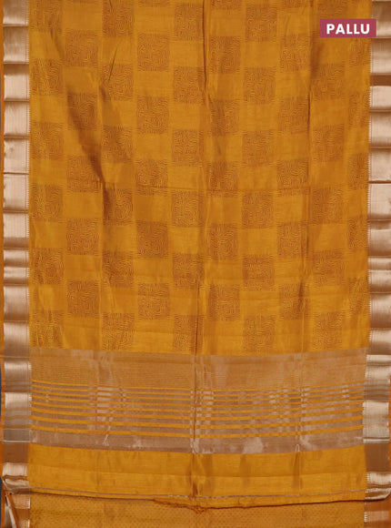 Semi raw silk saree mustard yellow with box type butta prints and zari woven border