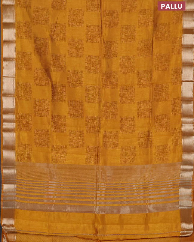 Semi raw silk saree mustard yellow with box type butta prints and zari woven border