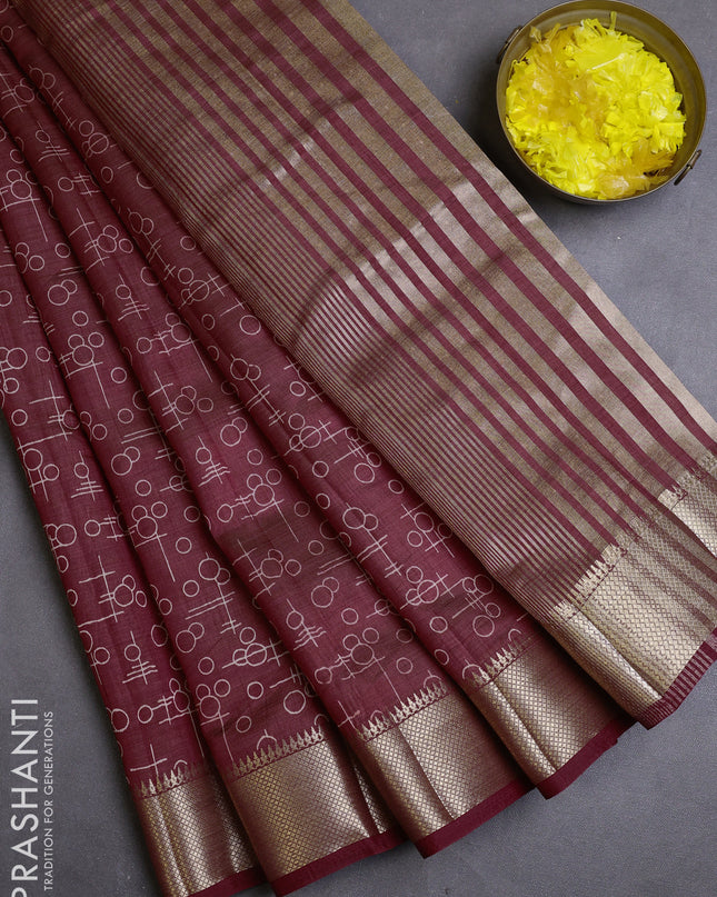 Semi raw silk saree maroon with allover geometric prints and zari woven border
