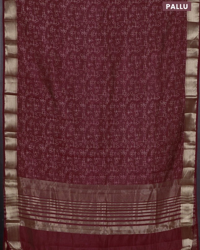 Semi raw silk saree maroon with allover geometric prints and zari woven border