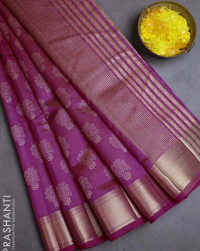 Semi raw silk saree pink with allover butta prints and zari woven border