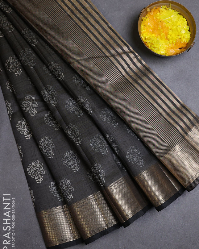 Semi raw silk saree black with allover butta prints and zari woven border