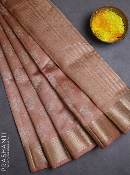 Semi raw silk saree pastel peach with allover butta prints and zari woven border