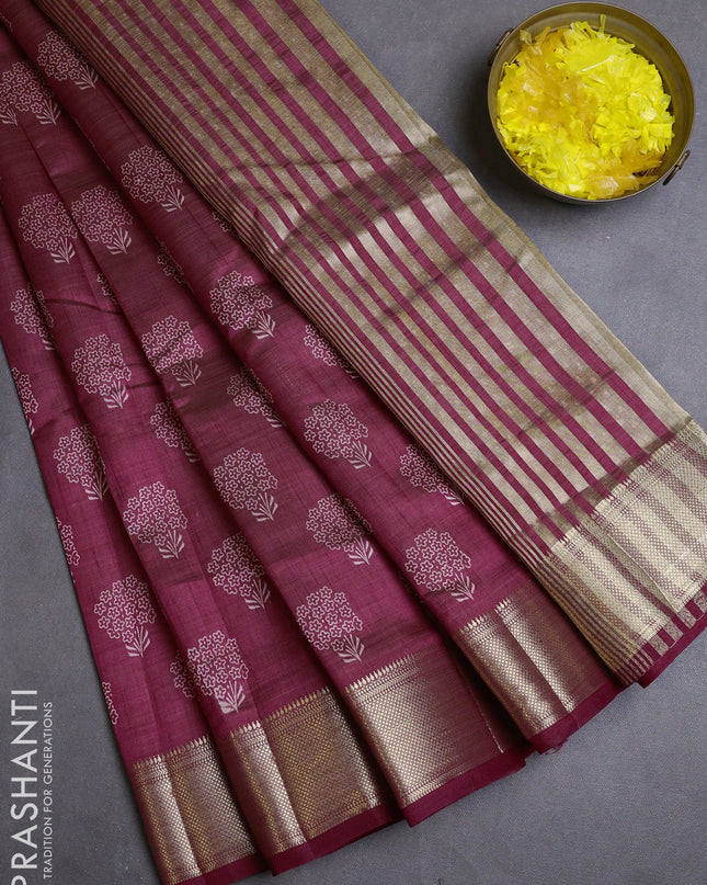 Semi raw silk saree wine shade with allover butta prints and zari woven border