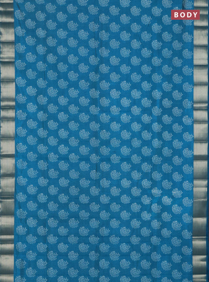 Semi raw silk saree peacock blue with allover floral butta prints and zari woven border