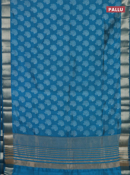 Semi raw silk saree peacock blue with allover floral butta prints and zari woven border