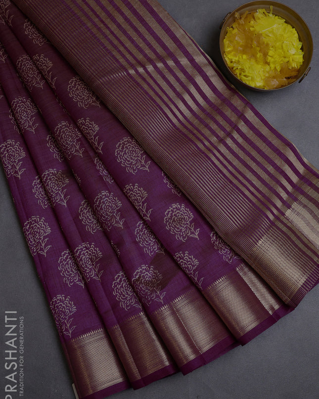 Semi raw silk saree purple with allover floral butta prints and zari woven border